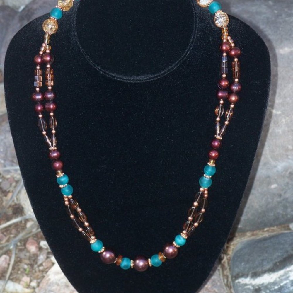 Handmade Beaded Necklace with Blue & Red Beads & Brown Pearls BOHO 22.25 Inches
